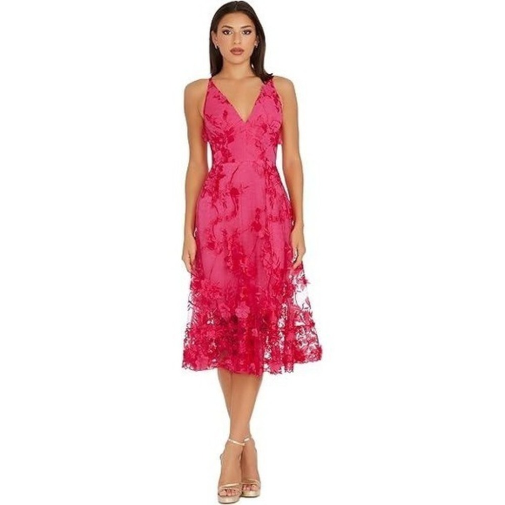 Dress The Population Audrey 3D Floral V-Neck Sleeveless Fuchsia Pink Midi Dress